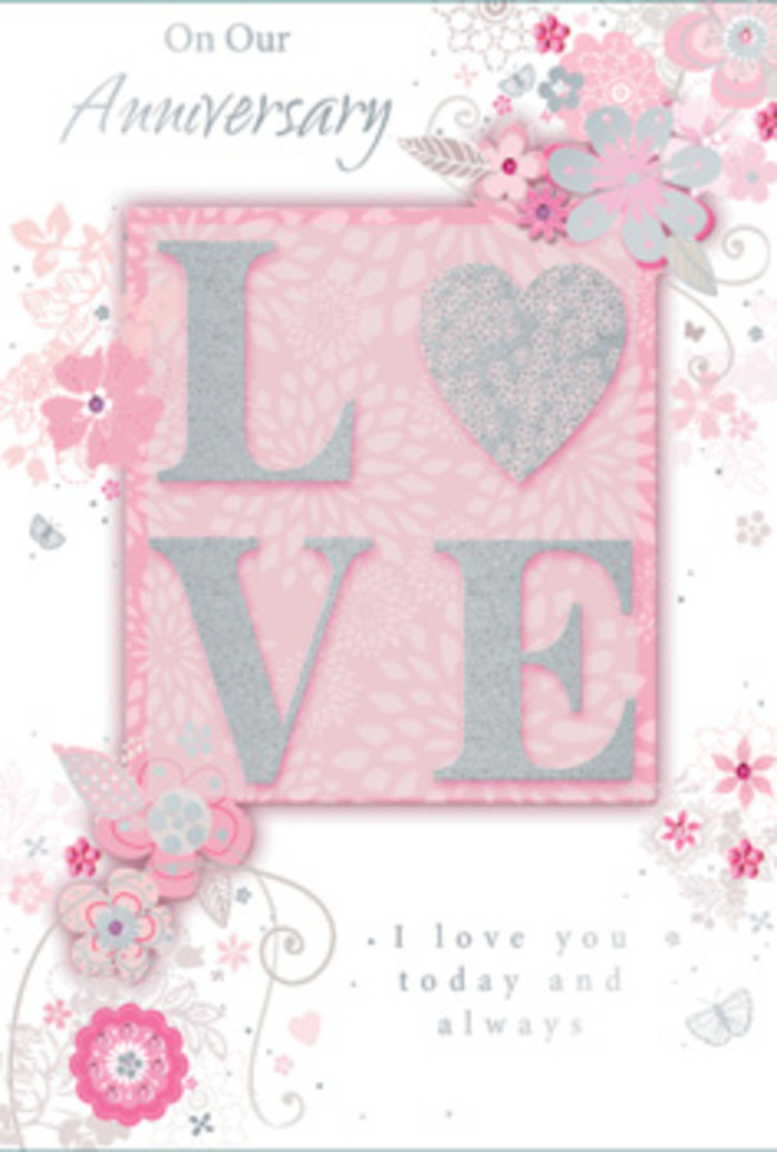 Opened on a cosy evening in Northwood, this anniversary card feels like stepping into a sunlit room where love is quietly honoured. Dominating the front is the single word LOVE, printed in refined capital letters and finished with a layer of frosted glitter that looks almost like icing on a delicate cake. The letters are raised and slightly rounded, catching the light in soft pink and pearly white tones, giving them a playful sparkle without losing their elegance. Around this central motif, the rest of the card becomes a gentle frame of florals and fine detailing. Wispy, hand-drawn blooms drift along the edges, their petals painted in pastel shades of pink, lilac, and ivory that blend harmoniously into the soft blush background. The flowers are accompanied by slender stems, dainty leaves, and curling filigree lines that weave in and out, creating a sense of graceful movement. Here and there, tiny butterflies are tucked among the petals, almost hidden, as if they have just fluttered down to rest on the design. The composition recalls the careful balance of a hand-tied bouquet from a local Northwood florist, where each flower is thoughtfully placed to create both structure and lightness. Near the centre or inside, the simple but powerful message I love you today and always appears in a modest, flowing script, inviting a moment of reflection and heartfelt gratitude. The overall feel is soft yet deeply rooted in emotion, as if the card itself is quietly fragrant with memories and promises shared across many anniversaries.