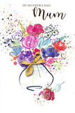 Joyful Mother's Day card illustration showing a swirling, watercolour bouquet alive with colour, as if captured from a spring display in a Northwood florist just before it goes out for delivery. The flowers, painted in lush purples, playful pinks, radiant reds, and serene blues, seem to tumble out from the centre in loose, expressive strokes. Their shapes suggest roses and mixed garden blooms, not with precise outlines but with layered washes that mimic the softness of real petals. Fine threads of gold highlight selected petals and leaves, adding a gentle shimmer that recalls sunlight filtering through trees along Northwood's residential streets. The bouquet is gathered into a rounded vase, painted in translucent tones of blue and soft rose, its contours understated yet elegant. Around the neck, a golden bow is carefully painted, evoking the crinkle and sheen of real ribbon tied by hand. All around the bouquet, scattered flecks of colour, tiny hearts, and playful splashes float across the white background, like petals and confetti tossed in quiet celebration on Mother's Day. The overall effect is both airy and heartfelt, a visual expression of gratitude and warmth meant especially for a beloved mum. Though purely illustrative, the image suggests the care of a real florist-thoughtful composition, harmonious colours, and a sense of occasion that feels right at home in Northwood. It is easy to imagine this card accompanying a fresh bouquet, carrying affection and appreciation in every painted stroke.